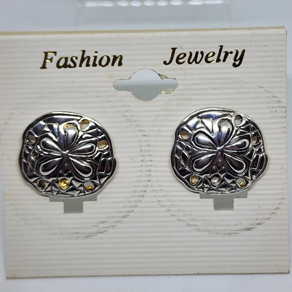 Vintage "MJ" Marie Jennifer Sand Dollar Silver Large Pierced Earrings NOS - Picture 8 of 9